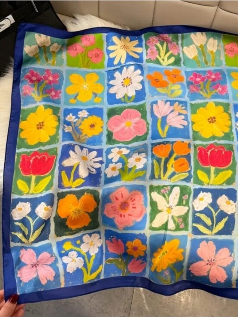 Silk-feel Blue Floral Silk Scarf with Colorful Blooms